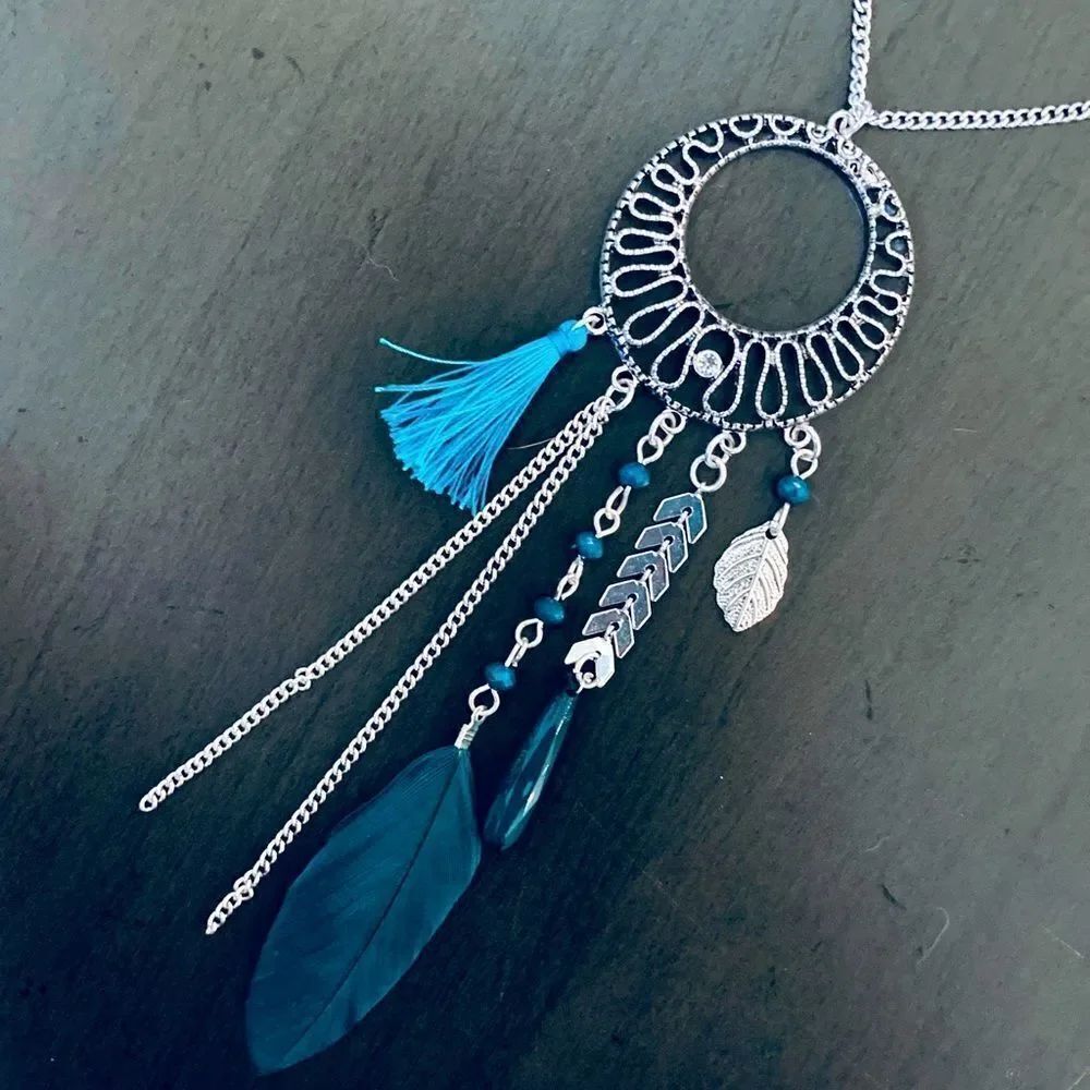 Silver Turquoise Blue Boho Feather Long Silver Necklace